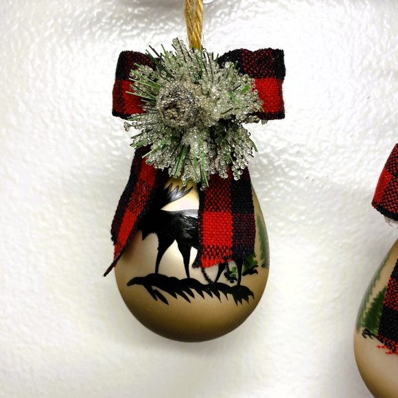 Brown Glass Teardrop Christmas Ornaments W Moose N Trees Design Set of 2 NWT - Picture 15 of 16